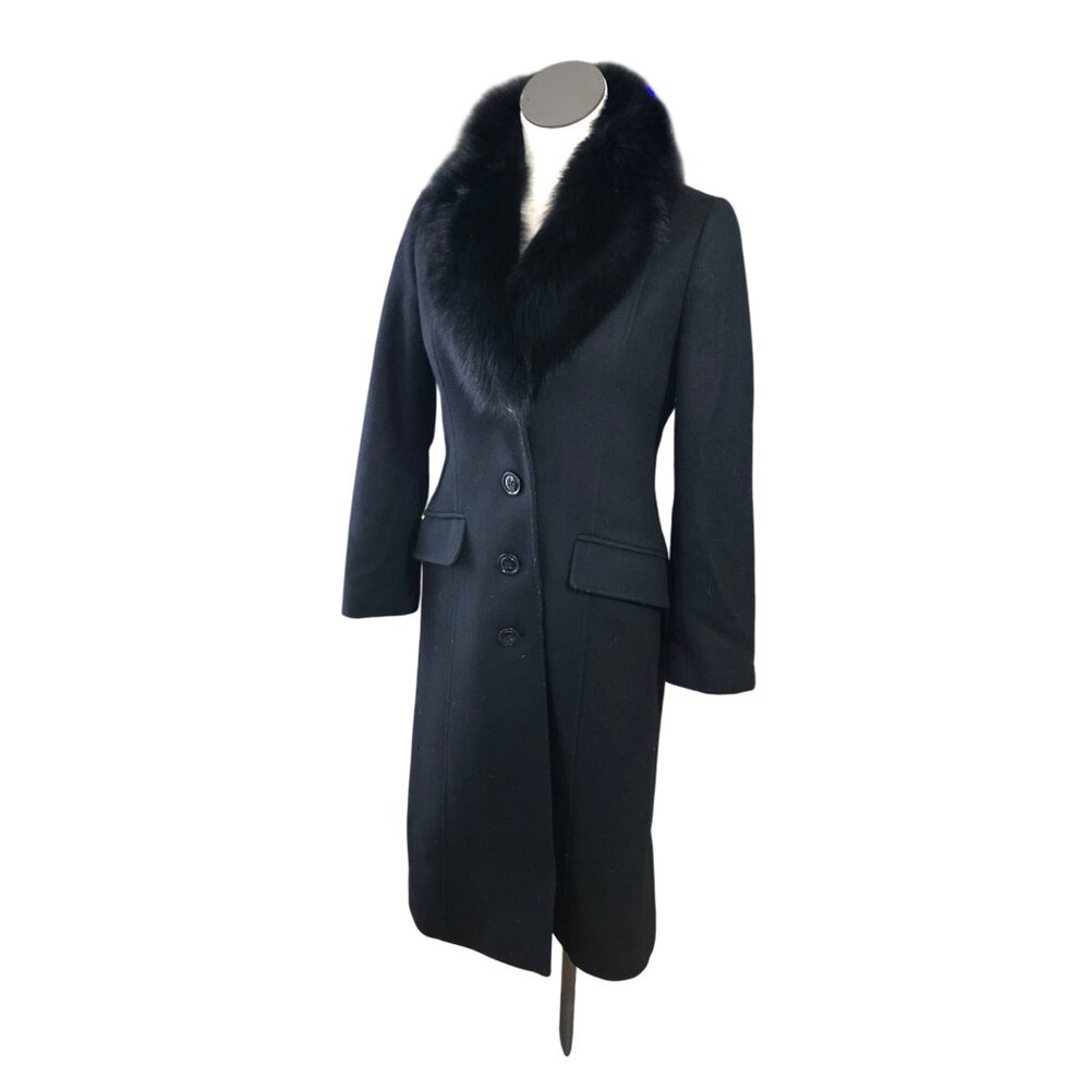 Sachi Coat Long Black Wool Cashmere Womens 2P Fox Fur Button Elegant Seams - Picture 3 of 16